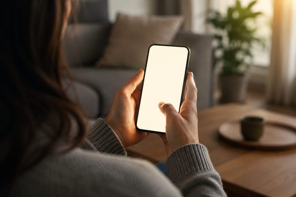 Zwei Hände halten ein Smartphone, dessen heller Bildschirm die Fingerkuppen anleuchtet