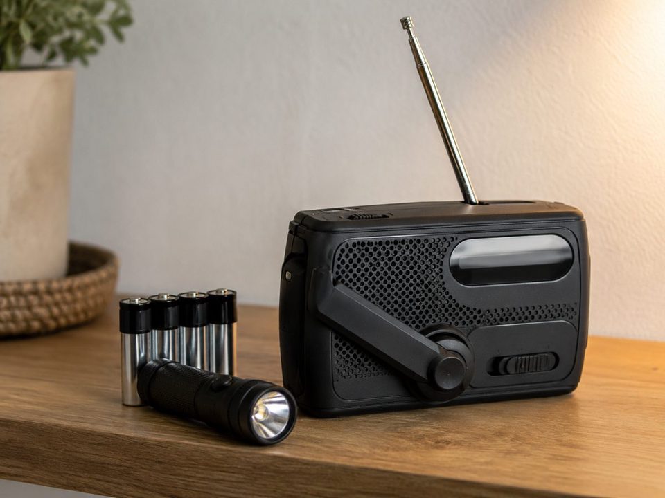 Kurbelradio mit ausgezogener Antenne, daneben Batterien und eine Taschenlampe auf einem Holzregal